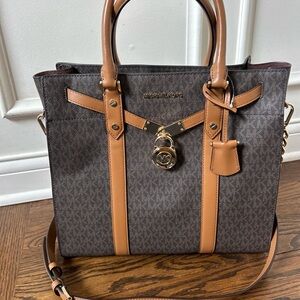 Michael Kors Nouveau Hamilton Large Logo Leather Satchel Brown $498 NWT